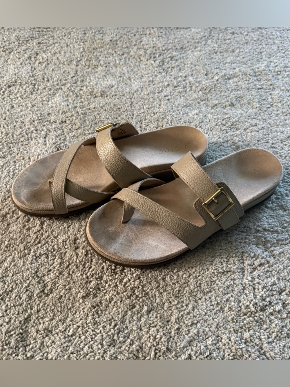 Vionic Taupe Leather Slide Sandals with Gold Buckle